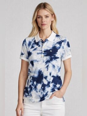 Lauren Ralph Lauren Polo Shirt Tie Dye Blue White Cotton Women’s Size Large NWT